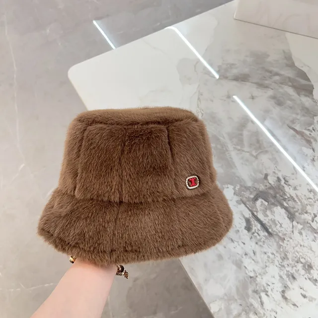 Brown Red Plush Faux Fur Quilted Panel Construction Bucket Hat 8
