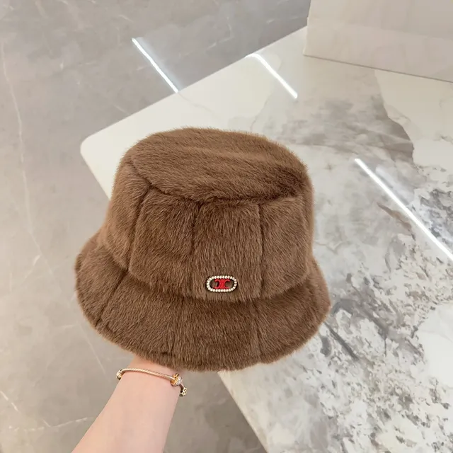 Brown Red Plush Faux Fur Quilted Panel Construction Bucket Hat 9