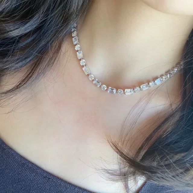 Clear and Pale Yellow Baguette-Cut Linear Stone Necklaces 8