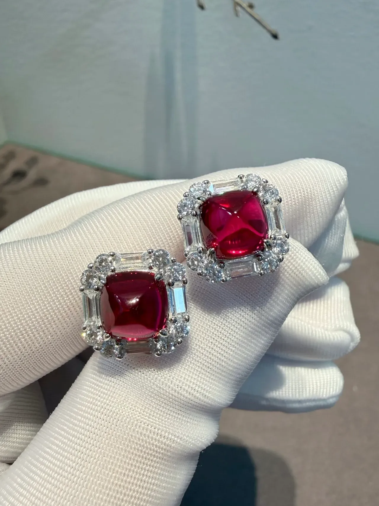 Cushion-Cut Red Gemstone and Diamond Halo Earrings 5