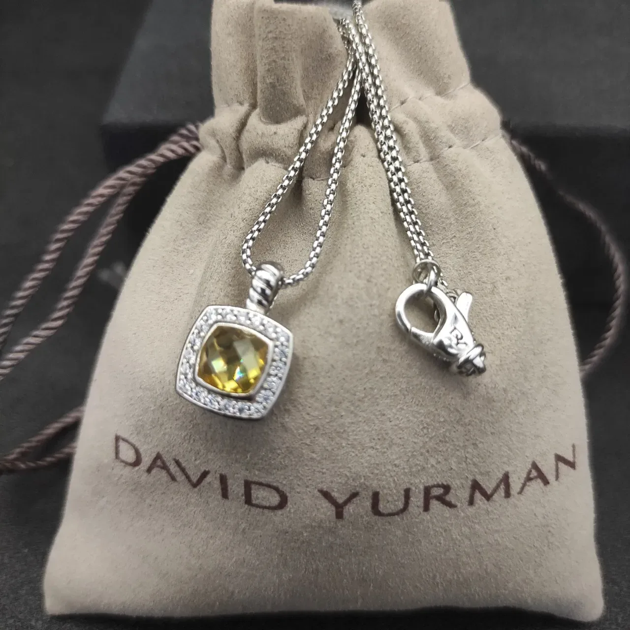 David Yurman Albion Yellow Silver Square Pendant Pavé Halo Necklace 2