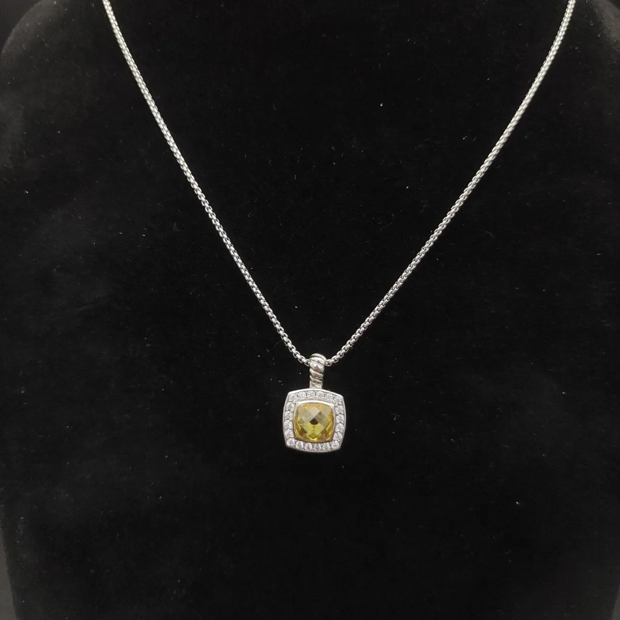 David Yurman Albion Yellow Silver Square Pendant Pavé Halo Necklace 3