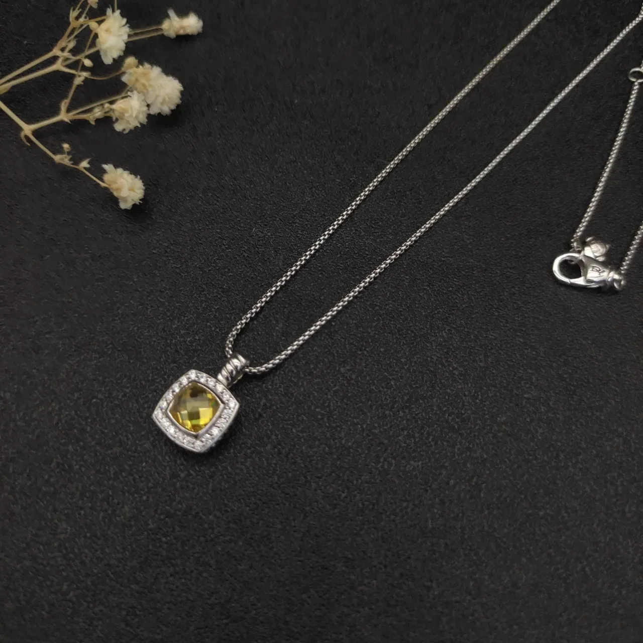 David Yurman Albion Yellow Silver Square Pendant Pavé Halo Necklace 4