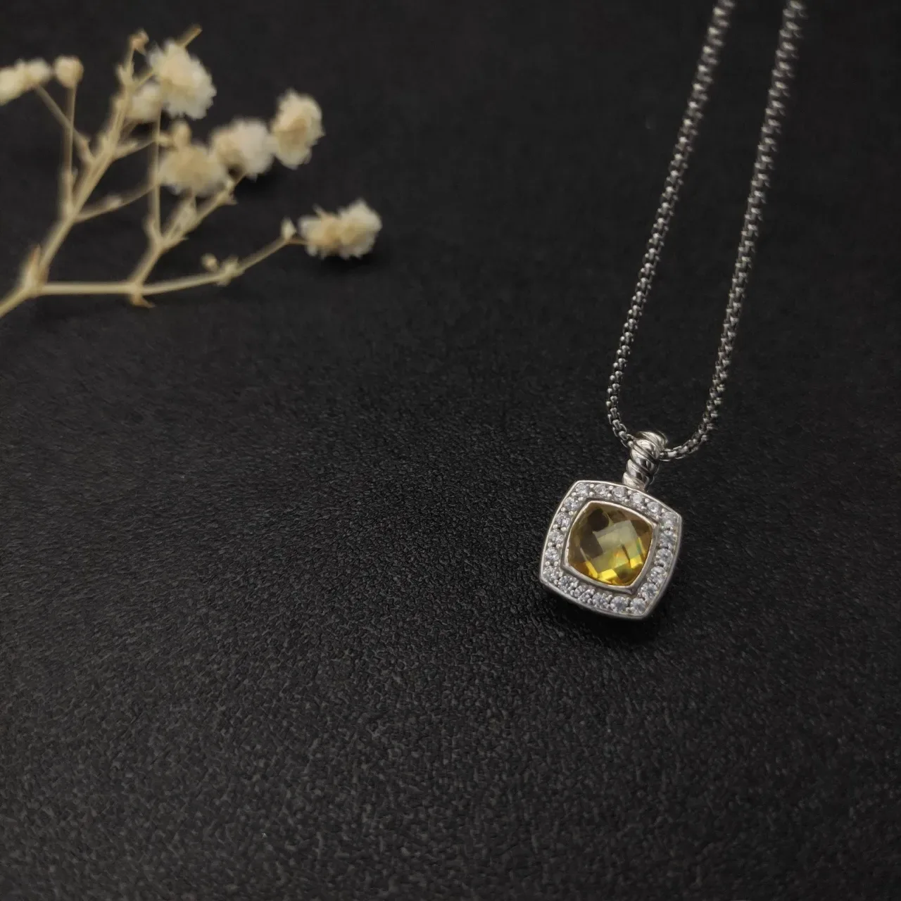 David Yurman Albion Yellow Silver Square Pendant Pavé Halo Necklace 5