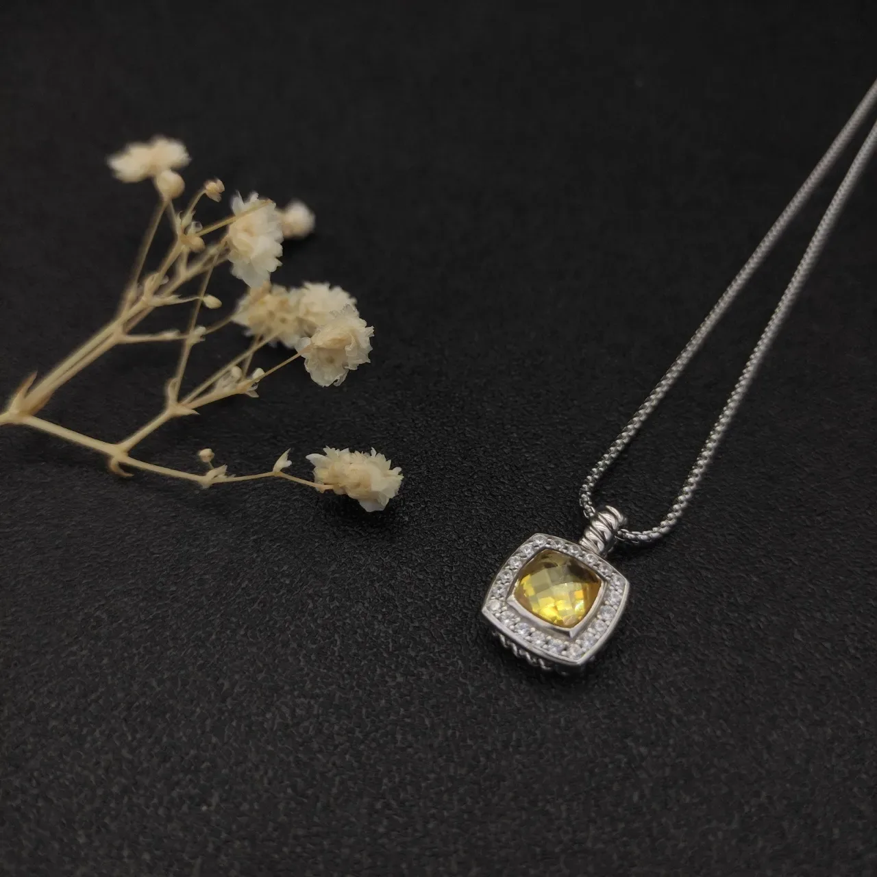 David Yurman Albion Yellow Silver Square Pendant Pavé Halo Necklace 6