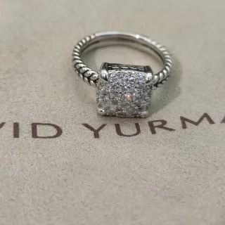 David Yurman Cable Classics चाँदी सफेद ट्विस्ट बैंड वर्गीय Pavé-Set हेड अंगूठी