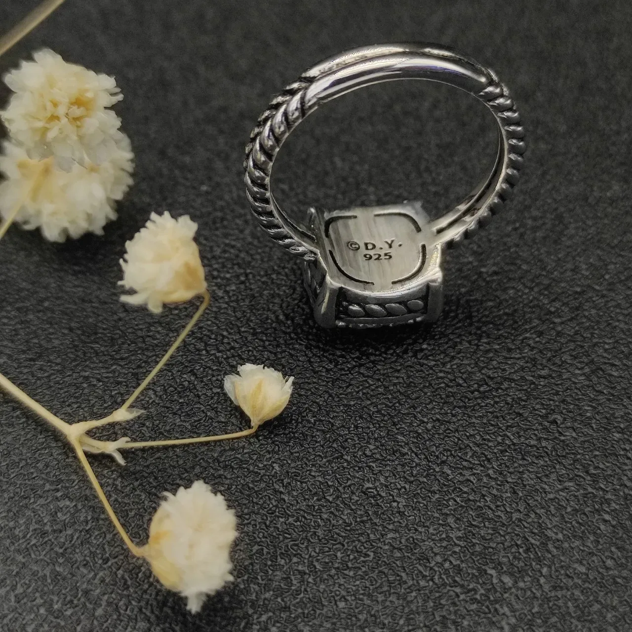 David Yurman Cable Classics Silver White Twisted Band Square Pavé-Set Head Ring 4