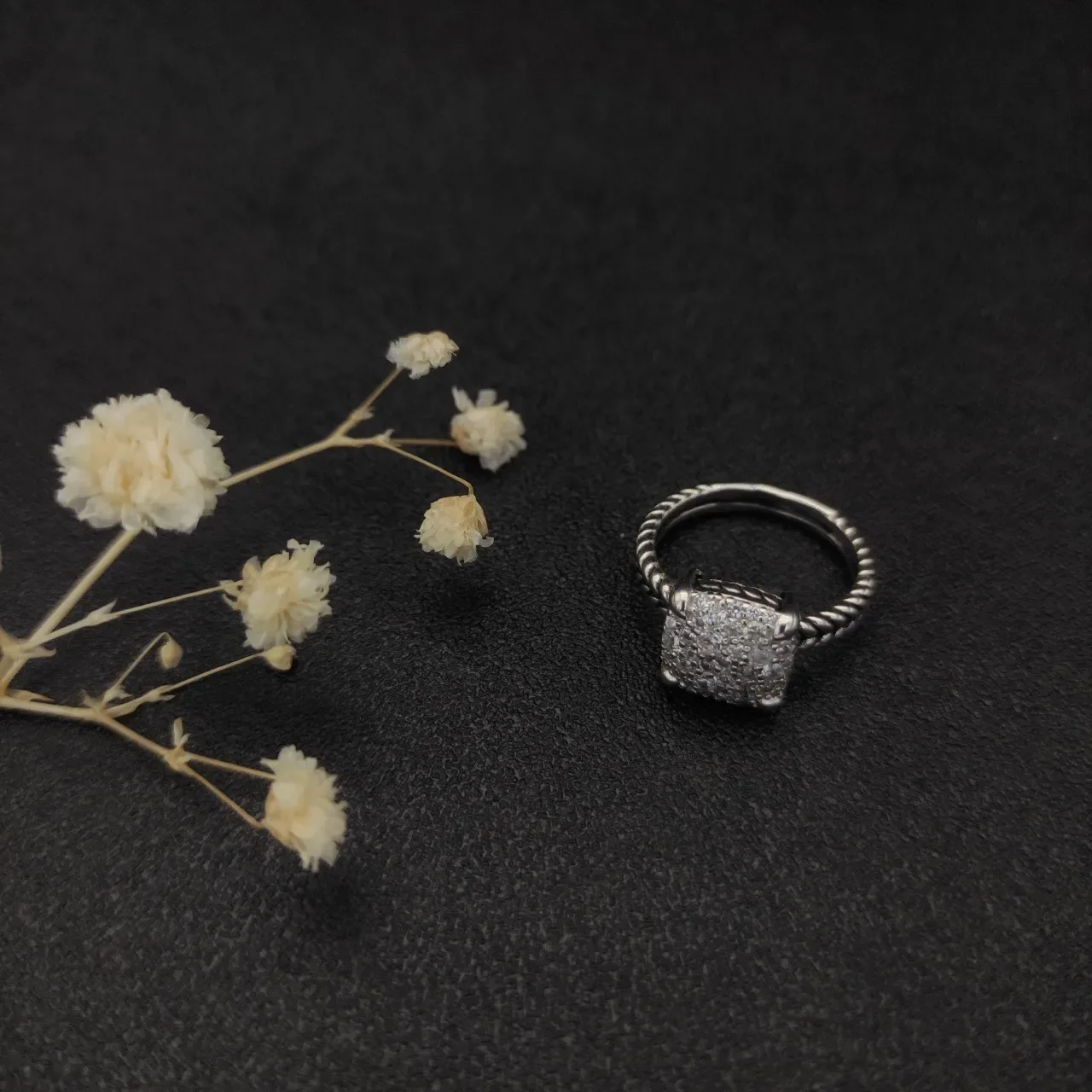 David Yurman Cable Classics Silver White Twisted Band Square Pavé-Set Head Ring 5