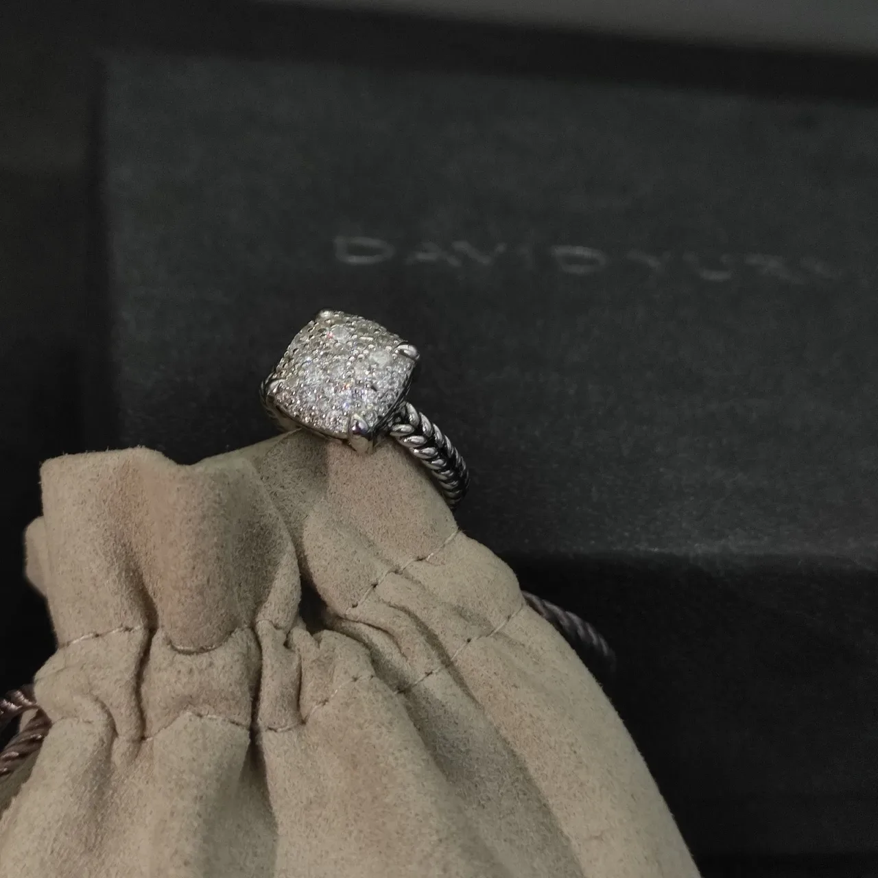 David Yurman Cable Classics Silver White Twisted Band Square Pavé-Set Head Ring 6