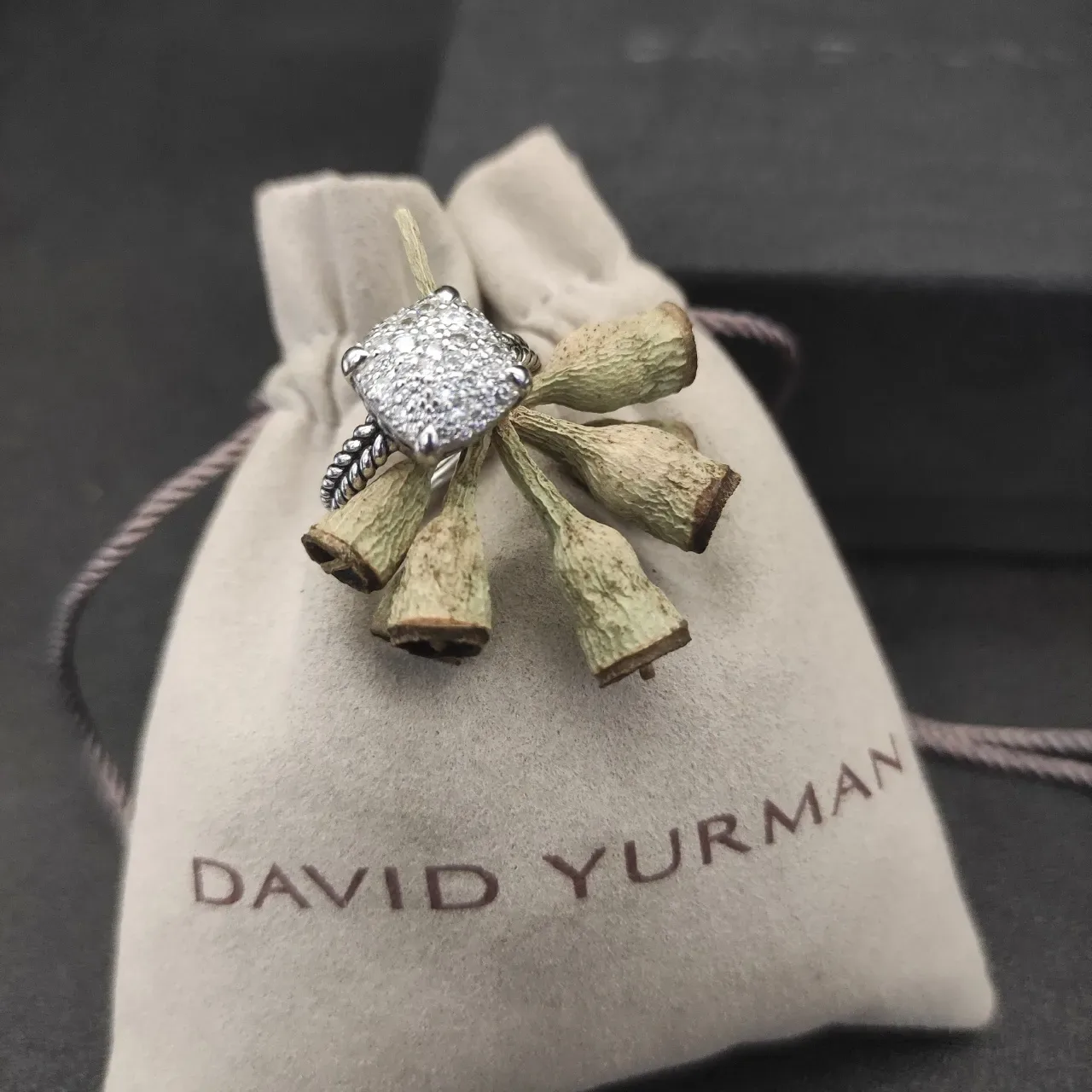 David Yurman Cable Classics Silver White Twisted Band Square Pavé-Set Head Ring 8