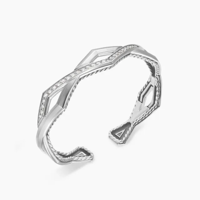 David Yurman Silver Black Geometric Open Cuff Pavé-Set Stones Bracelet 2