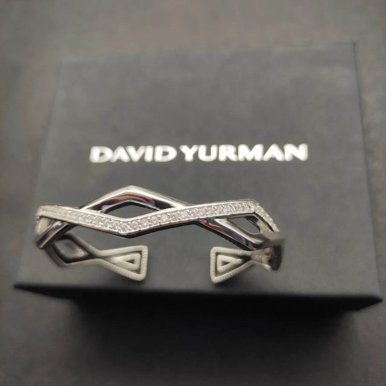 David Yurman Silver Black Geometric Open Cuff Pavé-Set Stones Bracelet 4