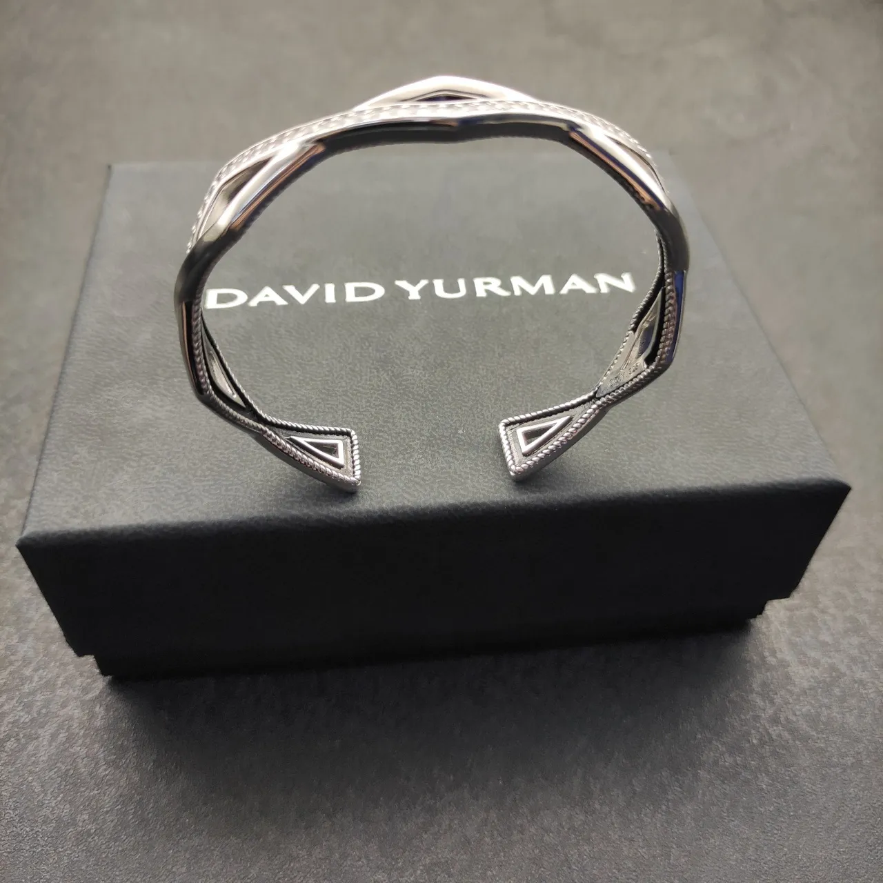 David Yurman Silver Black Geometric Open Cuff Pavé-Set Stones Bracelet 5