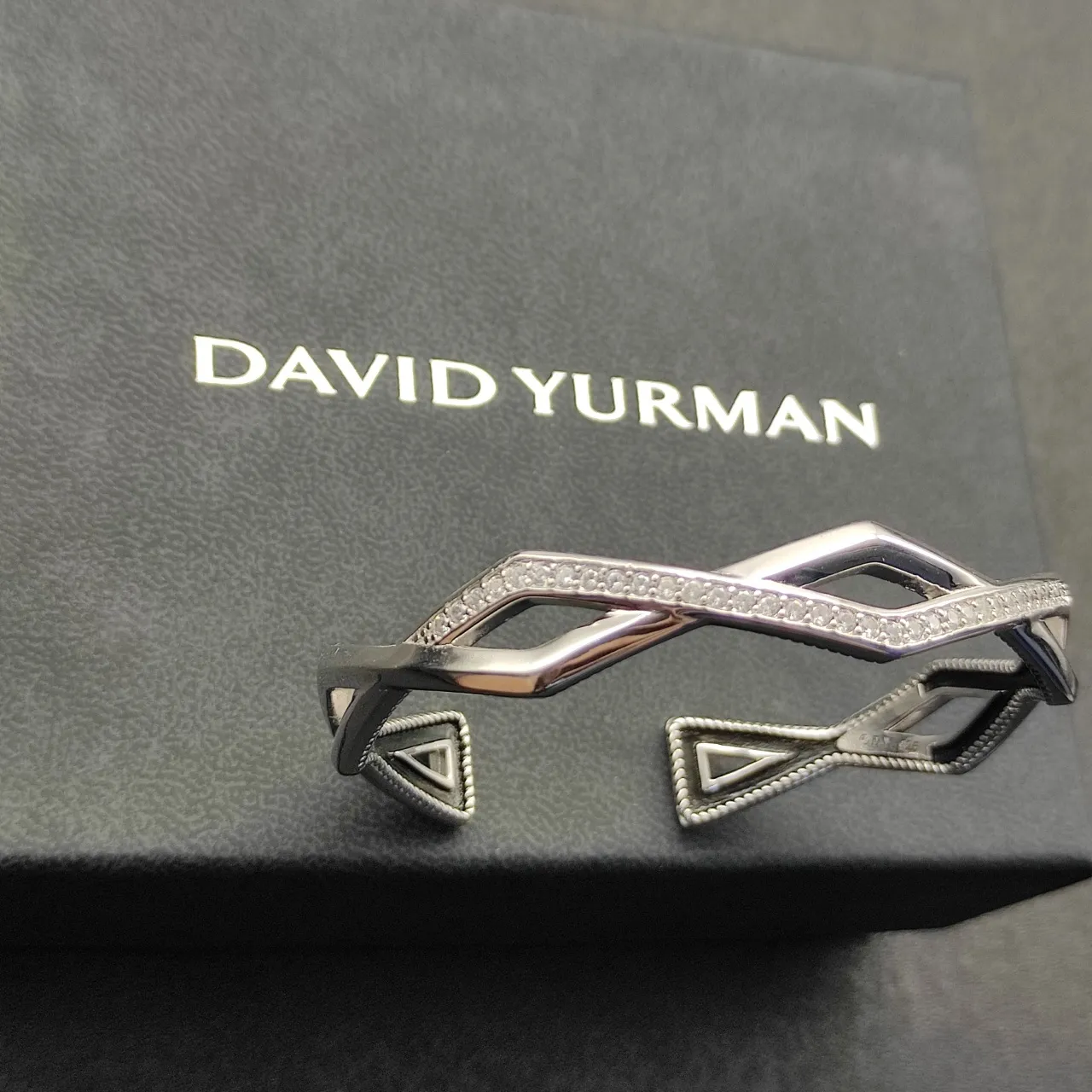 David Yurman Silver Black Geometric Open Cuff Pavé-Set Stones Bracelet 6