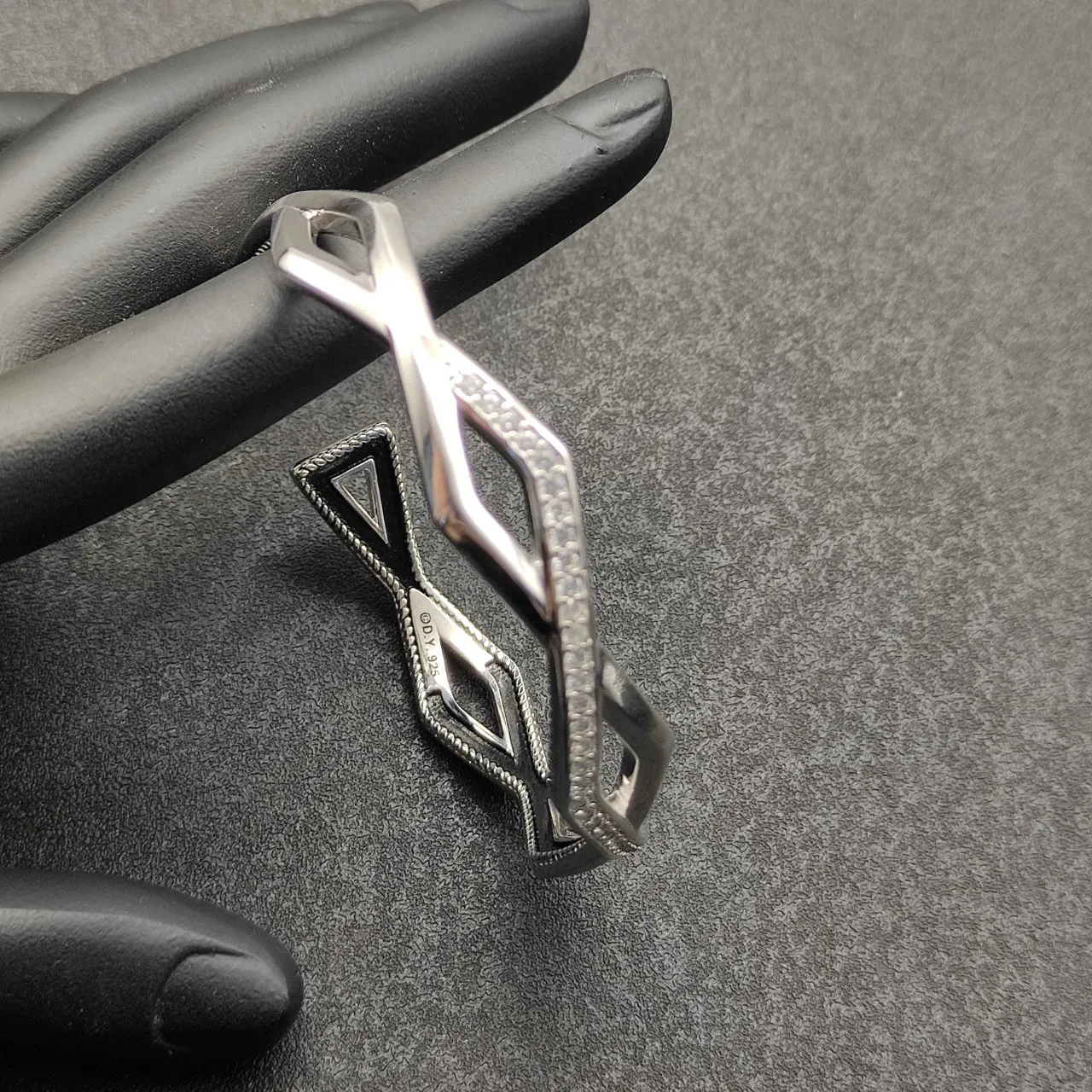 David Yurman Silver Black Geometric Open Cuff Pavé-Set Stones Bracelet 8