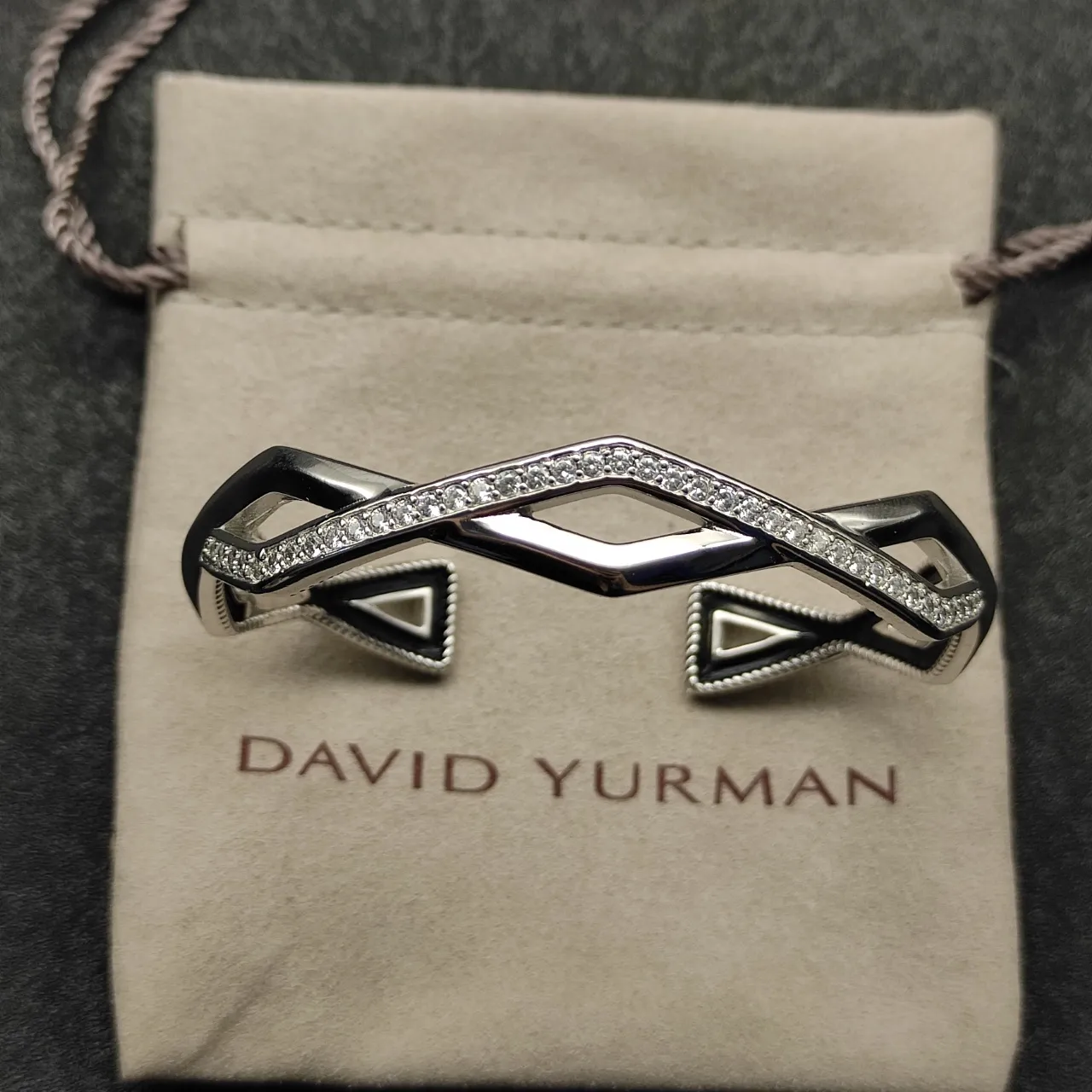 David Yurman Silver Black Geometric Open Cuff Pavé-Set Stones Bracelet 9