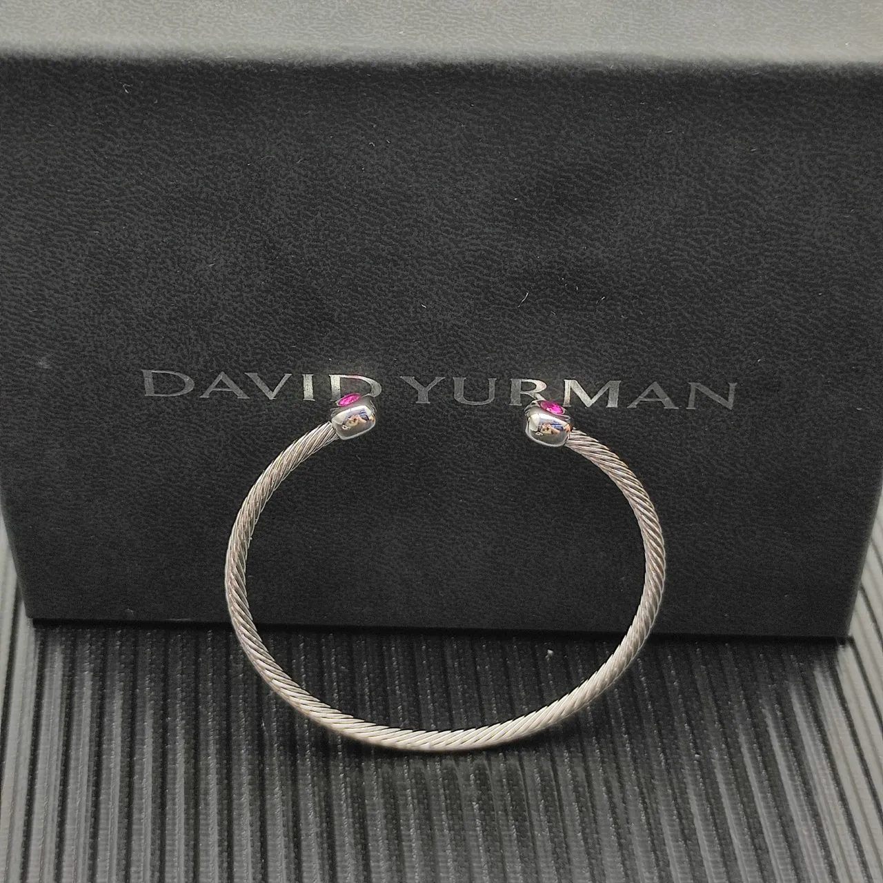 David Yurman Silver Pink Cable-Twist Metal Spherical End Caps Bracelet 7