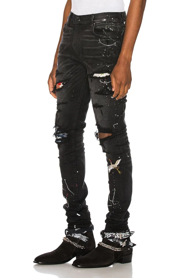 Distressed Black Paint-Splatter Bird Motif Slim-Fit Jeans 17