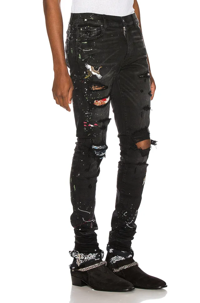 Distressed Black Paint-Splatter Bird Motif Slim-Fit Jeans 18