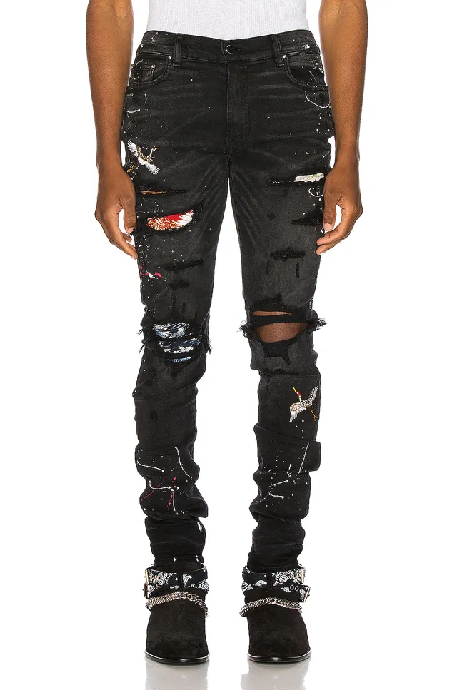 Distressed Black Paint-Splatter Bird Motif Slim-Fit Jeans 19