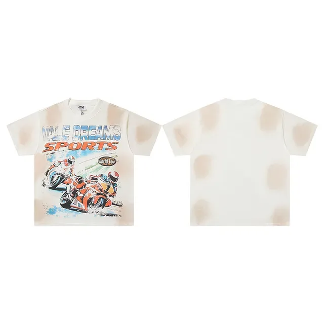Distressed Charcoal Graphic Print Racer-Themed T-Shirt 2