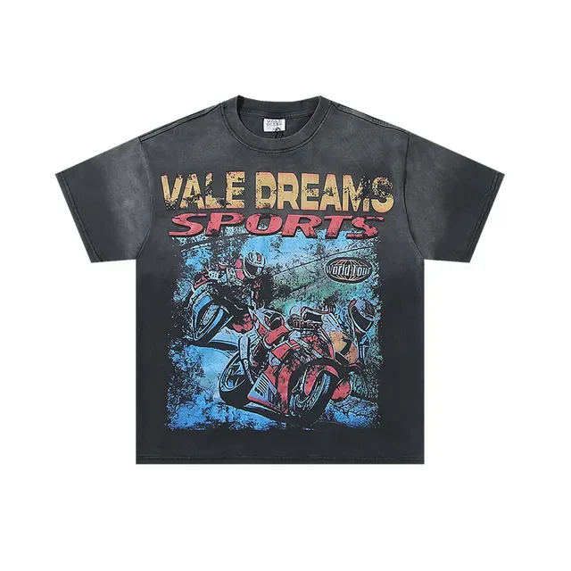 Distressed Charcoal Graphic Print Racer-Themed T-Shirt 5
