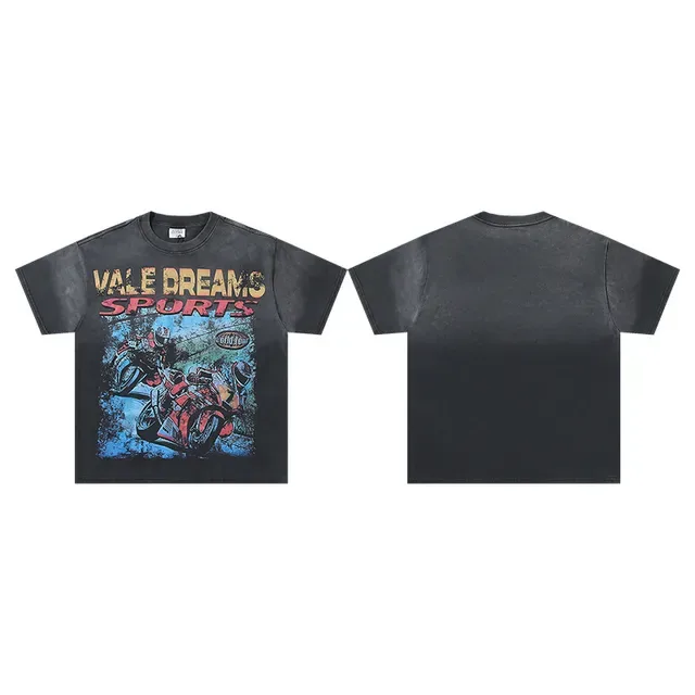 Distressed Charcoal Graphic Print Racer-Themed T-Shirt 6