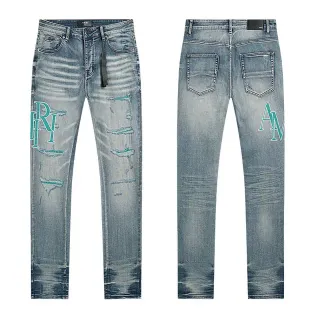 Distressed Light-Wash Blue Graphic-Print Slim-Fit Jeans