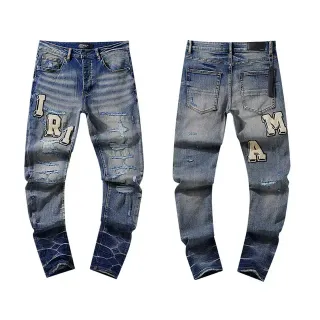 Distressed Patch-Letter Embellished Tapered Fit Blue Jeans