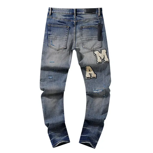 Distressed Patch-Letter Embellished Tapered Fit Blue Jeans 3