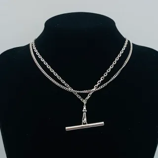 Collier Double Chaîne Ton Argenté T-Bar Fob