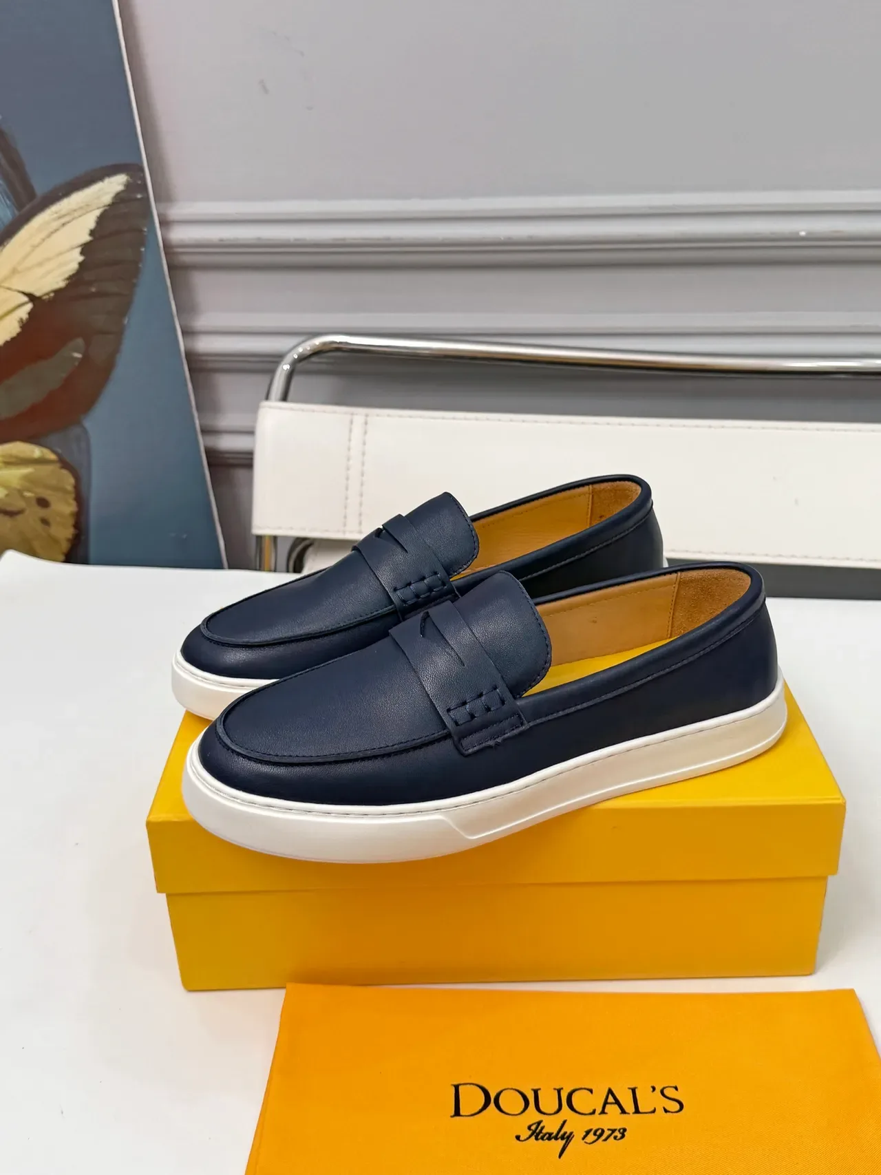 DOUCAL'S Navy White Leather Penny Strap Loafer 4