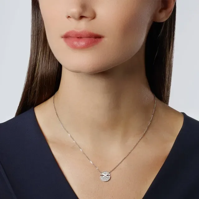 Dual-Tone X-Bar Pavé Circle Pendant Necklaces 9