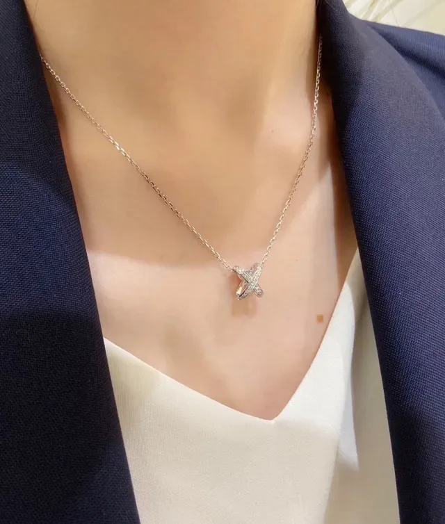 Dual-Tone X-Shaped Pavé Pendant Necklaces 8