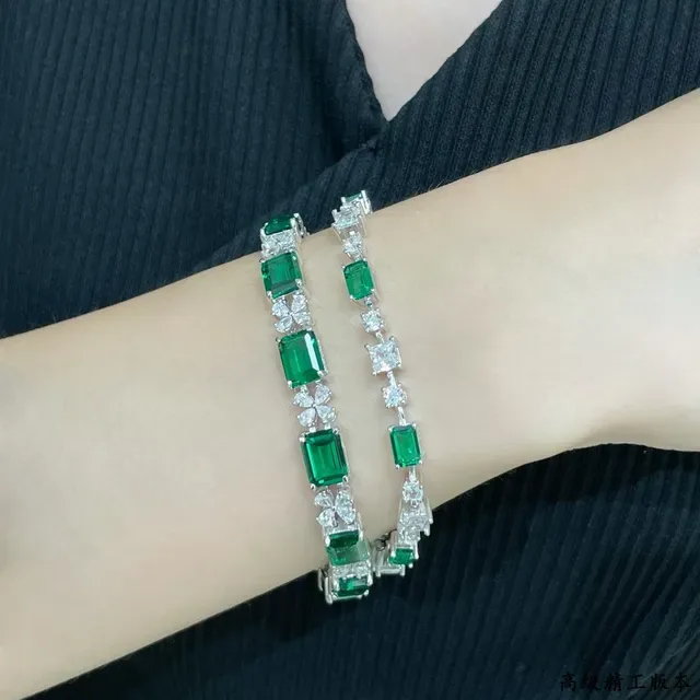 Emerald-Cut Green and Clear Stone Silver-Tone Bracelets 7