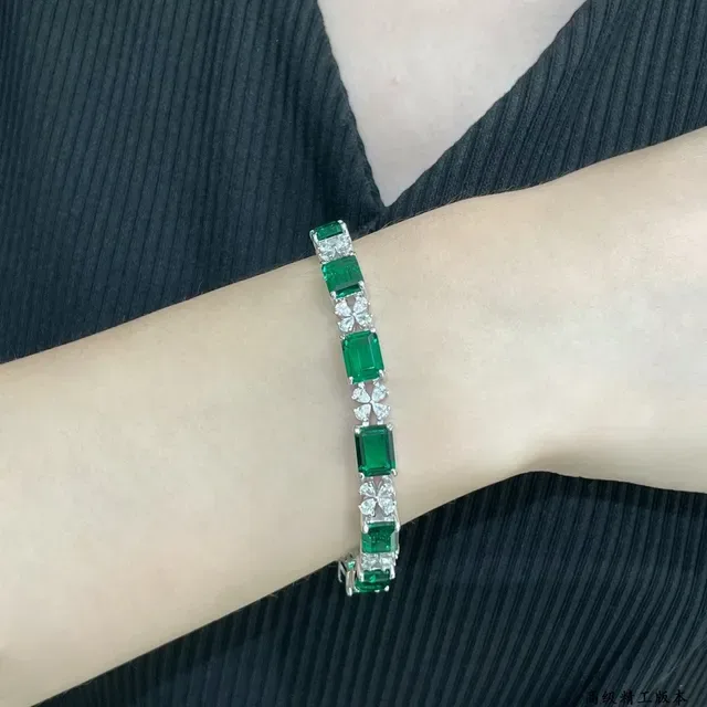 Emerald-Cut Green and Clear Stone Silver-Tone Bracelets 8