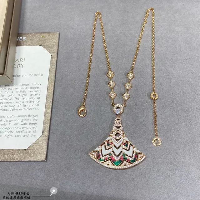 Fan-Shaped Enamel and Pavé Stone Pendant Necklace 2