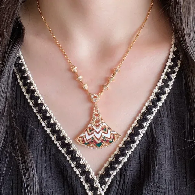 Fan-Shaped Enamel and Pavé Stone Pendant Necklace 8