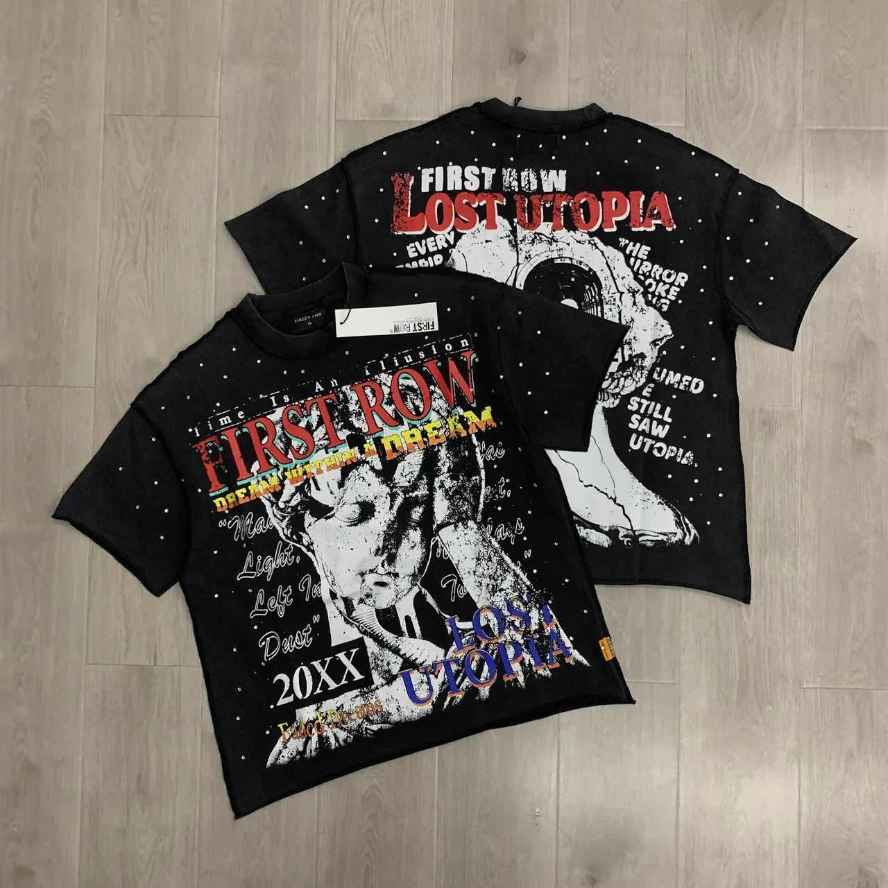 FIRST ROW Graphic Print Speckled Black Oversized T-Shirt 4