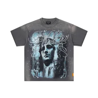 Camiseta FIRST ROWS gris carbón con estampado gráfico y pedrería