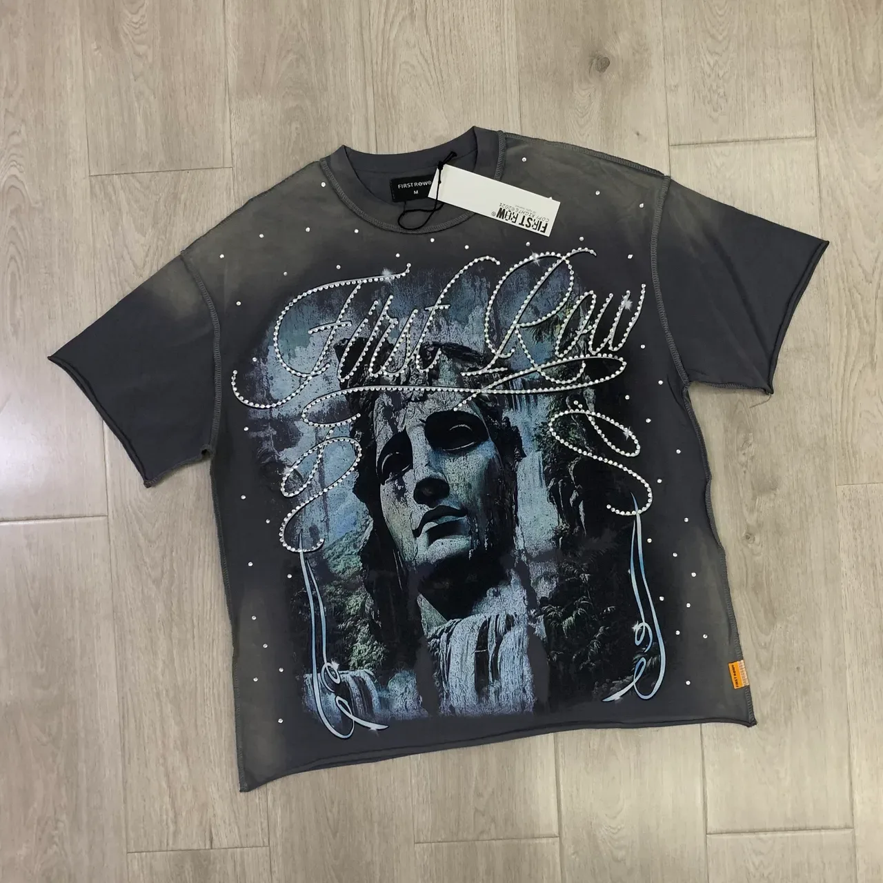 FIRST ROWS Graphic-Print Rhinestone-Embellished Charcoal Gray T-Shirt 5