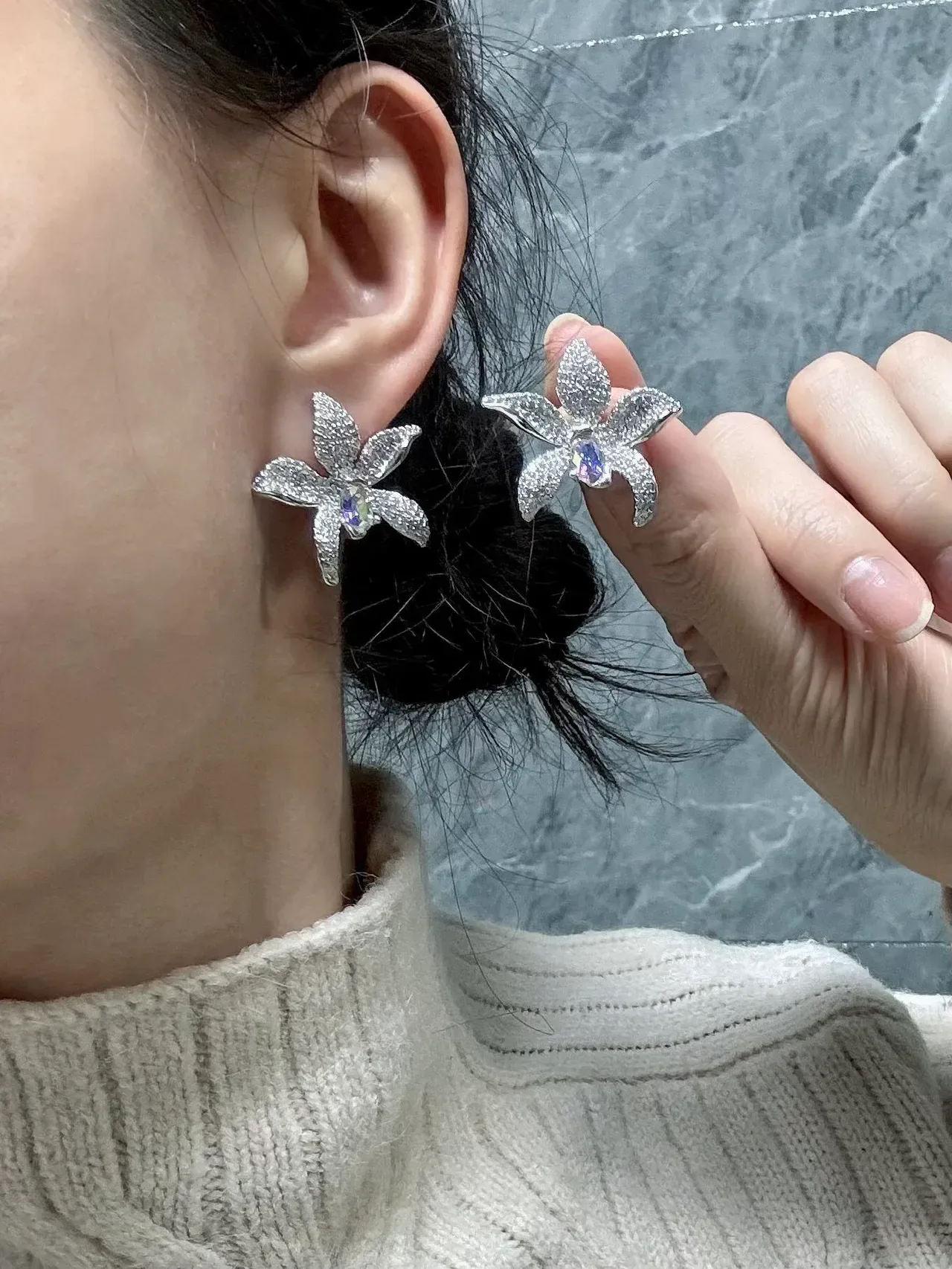 Floral Pavé-Set Iridescent Center Stone Earrings 3