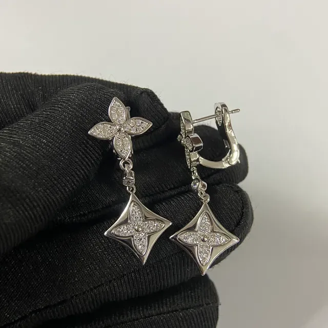 Gold and Silver Tone Quatrefoil Pavé Square Dangle Earrings 4