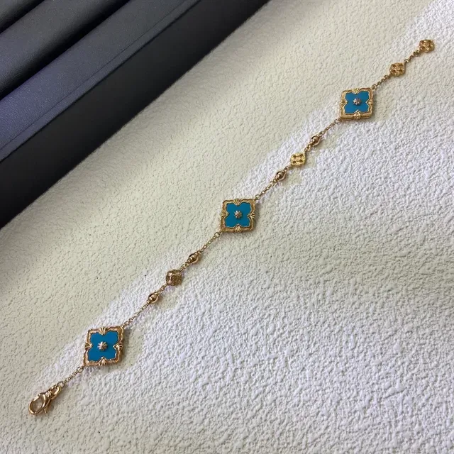 Pulsera Cadena de Oro Azul Esmaltada con Motivos de Cuatrohojas 2