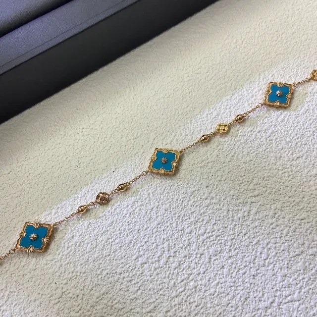 Pulsera Cadena de Oro Azul Esmaltada con Motivos de Cuatrohojas 4