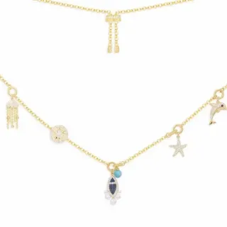 Gold Blue Chain Multi-Charm Necklace