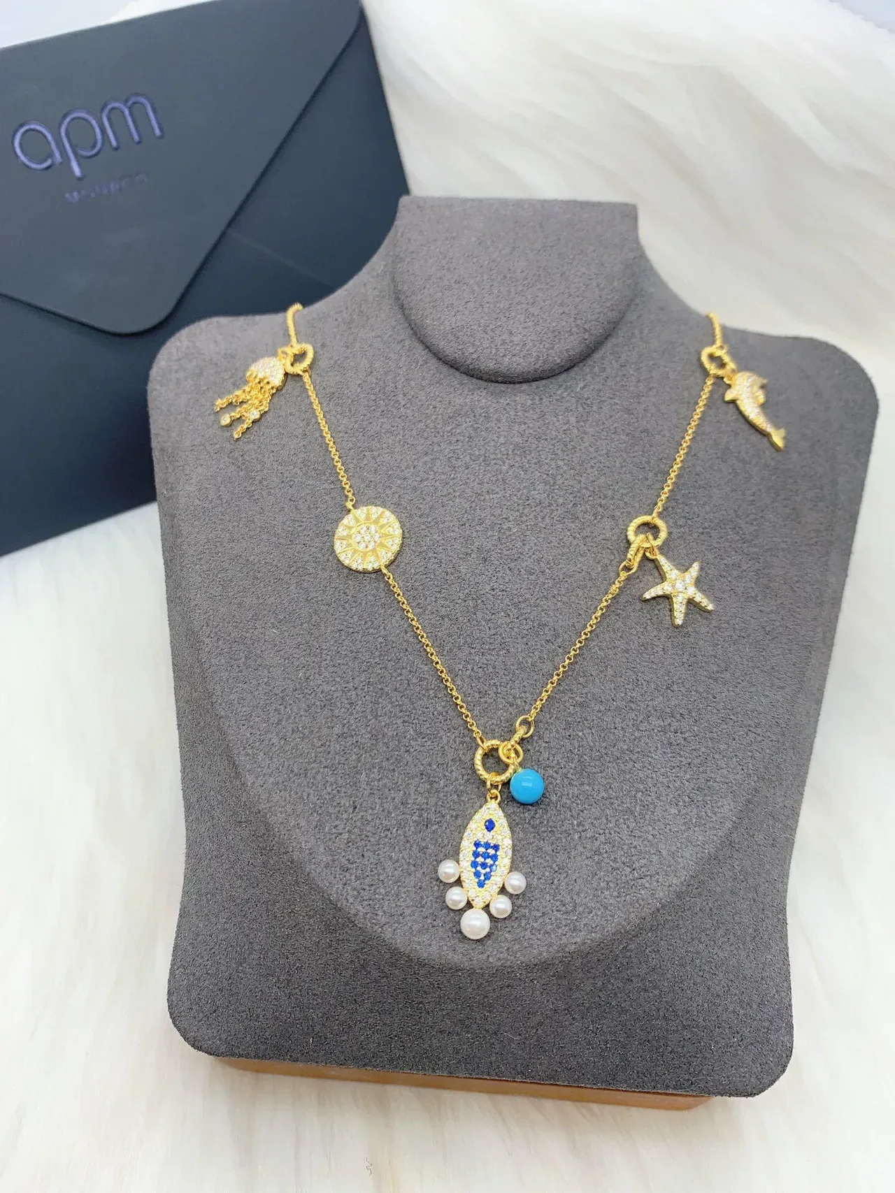 Gold Blue Chain Multi-Charm Necklace 4