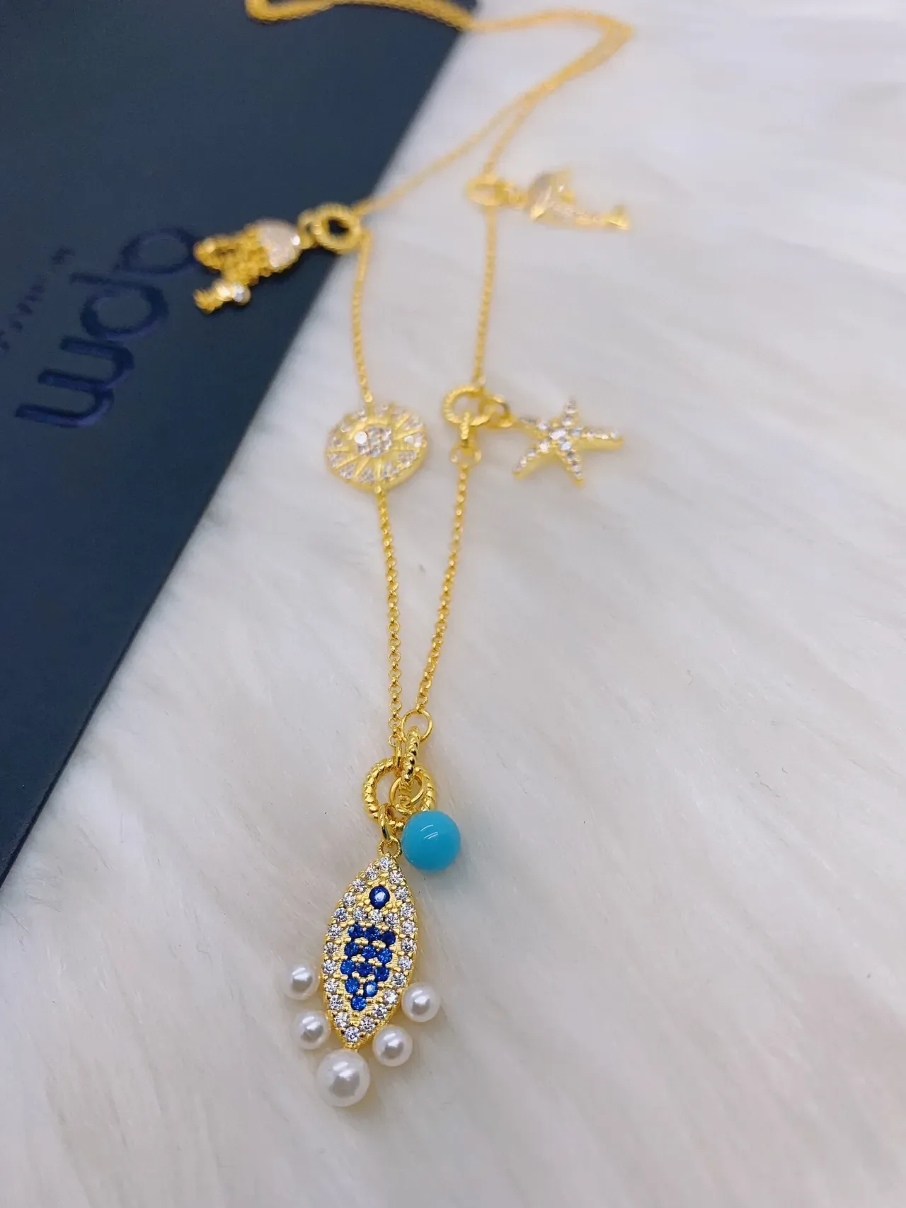 Gold Blue Chain Multi-Charm Necklace 8