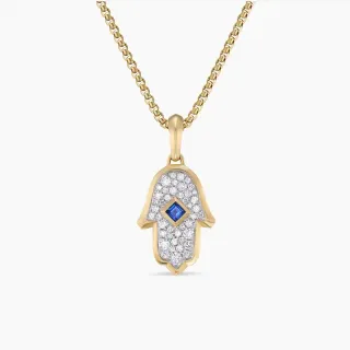 Collier d'or avec silhouette de main Hamsa bleu pavé-set pierres blanches