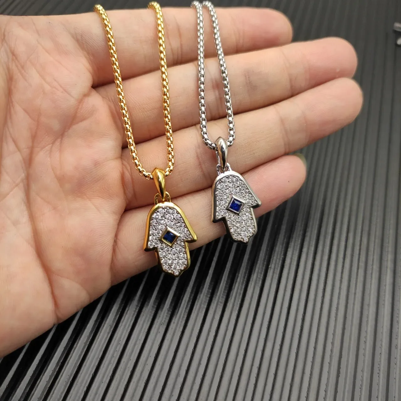 Gold Blue Hamsa Hand Silhouette Pavé-Set White Stones Necklace 3